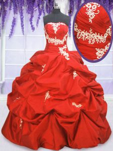 Custom Fit Strapless Sleeveless Taffeta Quinceanera Dress Appliques and Ruching and Pick Ups Lace Up