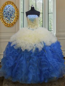 Fashion Blue And White Ball Gowns Organza Strapless Sleeveless Beading and Ruffles Floor Length Lace Up Vestidos de Quinceanera