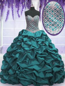 Best Selling Sleeveless Floor Length Beading and Sequins and Pick Ups Lace Up Quinceanera Gown with Teal