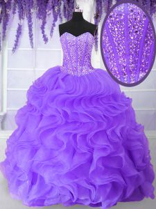 Purple Lace Up Sweetheart Beading and Ruffles Sweet 16 Quinceanera Dress Organza Sleeveless
