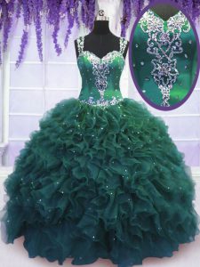 Luxury Floor Length Dark Green Quinceanera Dress Straps Sleeveless Zipper