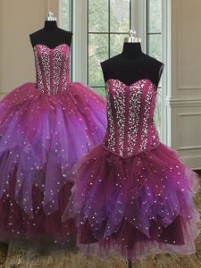 Three Piece Tulle Sleeveless Floor Length Sweet 16 Dresses and Beading and Ruffles and Sequins