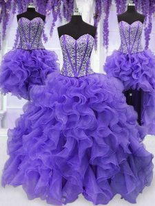 Adorable Four Piece Lavender Ball Gowns Embroidery and Ruffles and Ruffled Layers and Sashes ribbons 15 Quinceanera Dress Lace Up Organza Sleeveless Floor Length