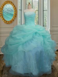 Aqua Blue Organza Lace Up Strapless Sleeveless Floor Length Quinceanera Gowns Embroidery and Pick Ups