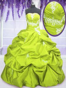 Yellow Green Ball Gowns Strapless Sleeveless Taffeta Floor Length Lace Up Appliques and Pick Ups Quinceanera Dress