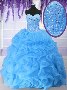 Floor Length Lace Up 15 Quinceanera Dress Baby Blue for Military Ball and Sweet 16 and Quinceanera with Beading and Ruffles