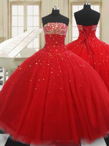 High Class Red Sleeveless Floor Length Beading Lace Up Sweet 16 Quinceanera Dress