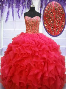 Floor Length Coral Red Sweet 16 Dresses Sweetheart Sleeveless Lace Up
