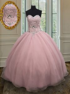 Floor Length Lace Up Quinceanera Gowns Baby Pink for Military Ball and Sweet 16 and Quinceanera with Beading and Belt