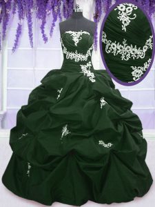 Dark Green and Peacock Green Taffeta Lace Up Strapless Sleeveless Floor Length Quinceanera Gown Appliques and Pick Ups