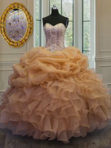 Glorious Gold Sleeveless Beading and Pick Ups Floor Length 15th Birthday Dress