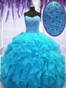 Stunning Floor Length Baby Blue Sweet 16 Dresses Organza Sleeveless Beading and Ruffles