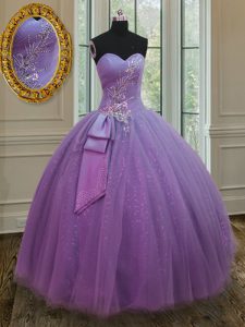 Floor Length Lace Up 15 Quinceanera Dress Lilac for Military Ball and Sweet 16 and Quinceanera with Beading and Ruching and Bowknot