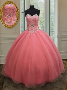 Floor Length Lace Up Quince Ball Gowns Watermelon Red for Military Ball and Sweet 16 and Quinceanera with Beading and Belt