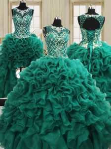 New Style Four Piece Scoop Dark Green Organza Lace Up Quince Ball Gowns Sleeveless Floor Length Beading and Ruffles