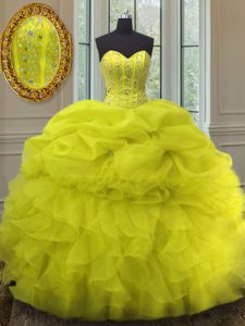 Yellow Ball Gowns Sweetheart Sleeveless Organza Floor Length Lace Up Beading and Ruffles and Pick Ups Sweet 16 Dresses