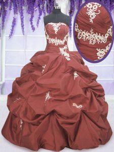 Rust Red Taffeta Lace Up Sweet 16 Dresses Sleeveless Floor Length Appliques and Pick Ups