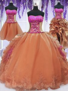 Four Piece Orange Sleeveless Embroidery and Ruffles Floor Length Quinceanera Dresses