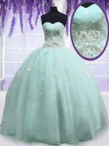 Most Popular Sleeveless Organza Floor Length Zipper Quince Ball Gowns in Light Blue with Beading and Embroidery