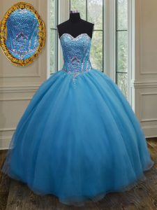 Exquisite Sweetheart Sleeveless Quinceanera Dress Floor Length Beading and Belt Baby Blue Organza