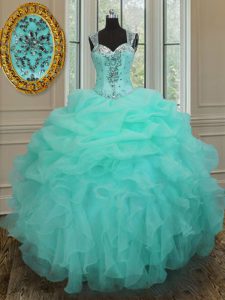 Straps Apple Green Sleeveless Organza Zipper Quince Ball Gowns for Military Ball and Sweet 16 and Quinceanera