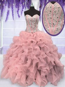 Customized Pink Sleeveless Beading and Ruffles Floor Length Quinceanera Gowns