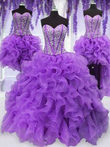 Fitting Four Piece Floor Length Eggplant Purple Quinceanera Gown Organza Sleeveless Ruffles and Sequins