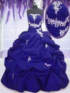 Comfortable Sleeveless Floor Length Appliques and Pick Ups Lace Up 15th Birthday Dress with Royal Blue