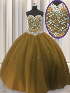 Vintage Brown Ball Gowns Sweetheart Sleeveless Tulle Floor Length Lace Up Beading Quinceanera Dresses