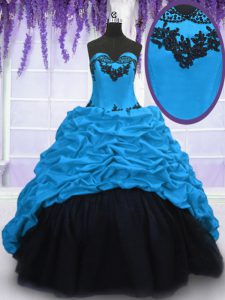 Low Price Blue Sleeveless Sweep Train Appliques and Pick Ups With Train Quinceanera Gowns