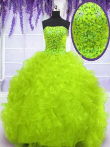 Beading and Appliques and Ruffles 15th Birthday Dress Yellow Green Lace Up Sleeveless With Brush Train