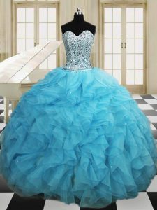 Baby Blue Ball Gowns Beading and Ruffles Quinceanera Gown Lace Up Organza Sleeveless Floor Length
