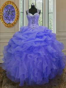 Custom Made Straps Floor Length Blue Quinceanera Gowns Organza Sleeveless Beading and Ruffles