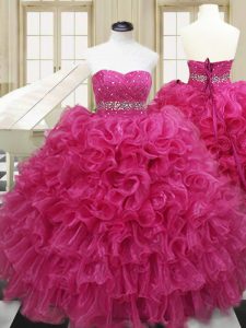 Inexpensive Sleeveless Floor Length Beading and Ruffles Lace Up Quinceanera Gowns with Hot Pink