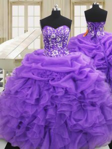 Purple Lace Up Sweetheart Embroidery and Ruffles Quinceanera Dresses Organza Sleeveless