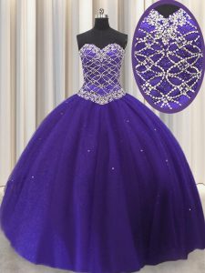 Floor Length Lace Up Quinceanera Gowns Purple for Military Ball and Sweet 16 and Quinceanera with Beading and Sequins