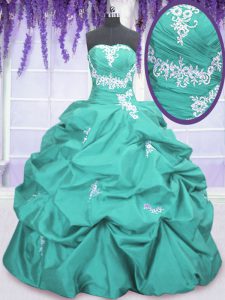 Glorious Sleeveless Floor Length Appliques and Ruching and Pick Ups Lace Up Quinceanera Dress with Aqua Blue