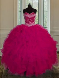 Ideal Fuchsia Lace Up Sweetheart Beading and Ruffles Vestidos de Quinceanera Tulle Sleeveless