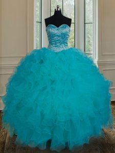 New Style Sweetheart Sleeveless Lace Up Sweet 16 Dress Teal Tulle