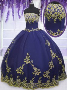 Fashionable Navy Blue Sleeveless Appliques Floor Length 15th Birthday Dress