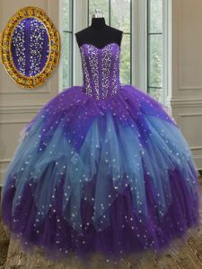 Discount Multi-color Ball Gowns Beading and Ruffles and Sequins Vestidos de Quinceanera Lace Up Tulle Sleeveless Floor Length