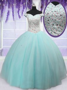 Off The Shoulder Short Sleeves Quinceanera Gown Floor Length Beading Light Blue Tulle