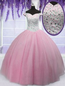 Hot Selling Off the Shoulder Short Sleeves Lace Up Floor Length Beading Sweet 16 Quinceanera Dress
