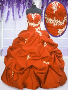 Pick Ups Floor Length Ball Gowns Sleeveless Orange Red Quinceanera Gown Lace Up