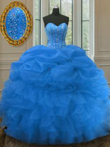 Blue Lace Up Quinceanera Gown Beading and Ruffles and Pick Ups Sleeveless Floor Length