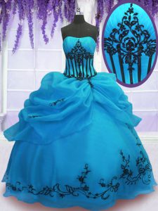 Glittering Ball Gowns Quinceanera Gown Blue Strapless Organza Sleeveless Floor Length Lace Up