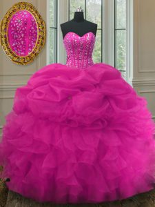 Popular Fuchsia Organza Lace Up Sweet 16 Dresses Sleeveless Floor Length Beading and Ruffles and Pick Ups