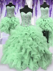 Four Piece Sleeveless Organza Floor Length Lace Up Sweet 16 Dress in Apple Green with Beading and Ruffles