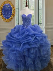 Blue Sweet 16 Dress Military Ball and Sweet 16 and Quinceanera and For with Beading and Ruffles Sweetheart Sleeveless Lace Up