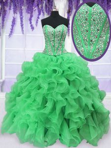 Green Lace Up Sweetheart Beading and Ruffles Quinceanera Dresses Organza Sleeveless